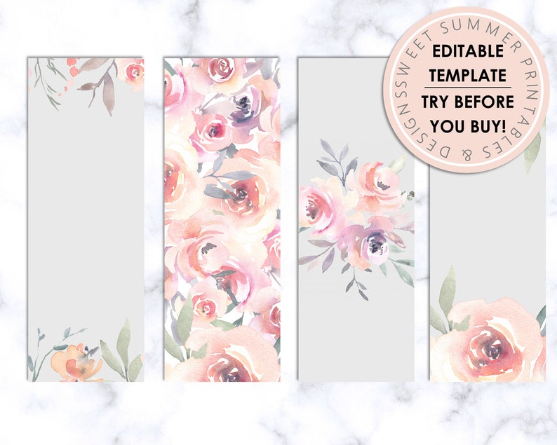 Watercolor Blush Floral Editable Printable Bookmark, Floral Bookmark ...