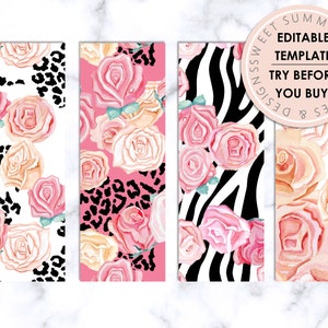Animal Floral Editable Printable Bookmark, Animal Print Bookmark, Bookmark Template, Reading Journal Printable, Booklover Printable