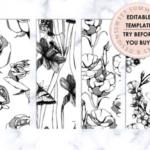 Black Floral Editable Printable Bookmark, Floral Print Bookmark, Bookmark Template, Reading Journal Printable, Booklover Printable