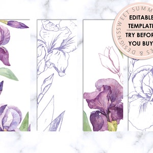 Purple Floral Editable Printable Bookmark, Floral Bookmark, Bookmark Template, Reading Journal Printable, Booklover Printable
