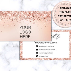 Rose Gold holografische Glitzer bearbeitbare Visitenkarte, druckbare Make-up-Visitenkarte, Salon-Visitenkarte, druckbare Schmuck-Visitenkarte