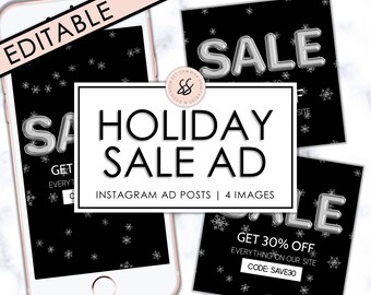 Weihnachtsschneeflocken Black Friday Bearbeitbare Instagram-Anzeige, bearbeitbare Verkaufsanzeige, Feiertagsanzeige, Instagram-Anzeigenvorlage, Social Media-Anzeigenvorlage