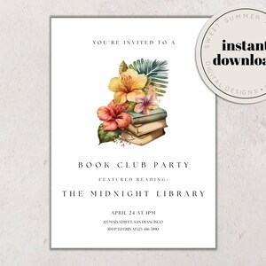 Floral Book Club Printable Invitation Template, Book Club Party Invitation, Book Party Invite, Club Printable, Reading Journal Printable