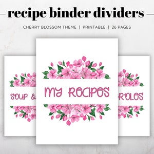 Cherry Blossom Theme Recipe Binder Dividers Printable, Printable Recipe Binder Dividers, Recipe Binder Printable, Pink Floral Recipe Binder