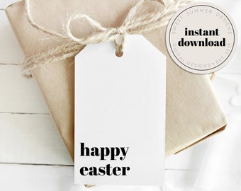 May include: White gift tag with the text "happy easter" in black bold letters. The tag is tied with twine to a brown paper-wrapped gift box. A white circle sticker with the text "Sweet Summer Designs - instant download - Digital Designs - Est. 2019" is attached to the box.