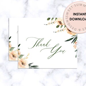 Cartão de agradecimento floral bege para impressão, cartão de agradecimento para impressão, cartão postal de agradecimento, chá de panela, obrigado, casamento, cartão de noiva