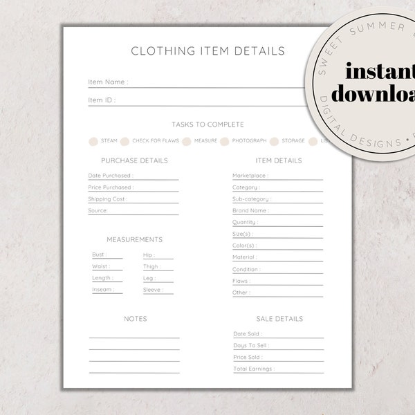 Reseller Listing Template, Clothing Item Details Sheet, Online Shop Planner, Item Details, Online Shop Printable, Clothing Description Draft