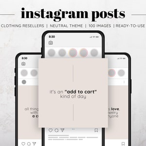 Könnte beinhalten: Ein Mockup eines Handybildschirms, auf dem ein Instagram-Post mit einem neutralen Farbschema angezeigt wird. Der Beitrag zeigt einen beigefarbenen Hintergrund mit dem Text "it's an "add to cart" kind of day".