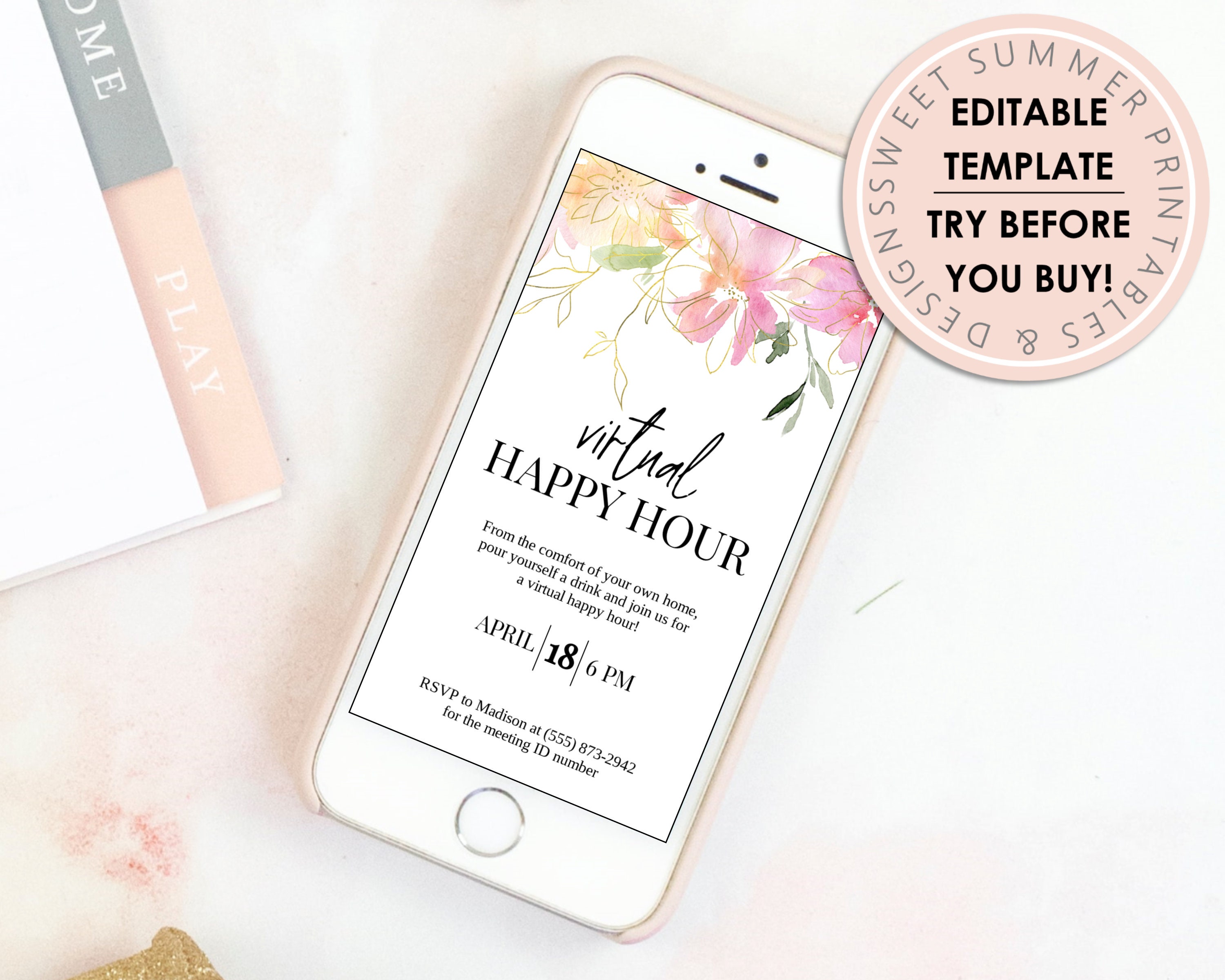 Invito virtuale per l'happy hour, Invito floreale rosa, Invito di testo per l'happy hour, Annuncio di testo, Evento posticipato, Festa notturna per donne