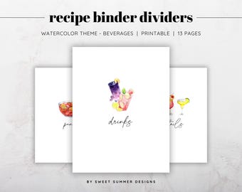 Printable Watercolor Beverages Recipe Binder Dividers | 13 Category Set | Recipe Organizer Tabs | Kitchen Binder Inserts | Instant Download