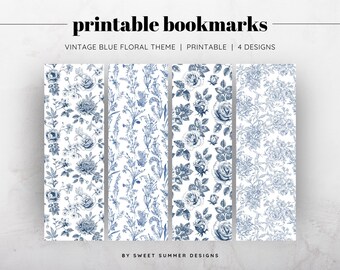 Utskrivbart bokmärke i blått och vintage-stil | Bokmärkt blommigt bokmärkesset | Läsestetik för en läsälskare | Gåva för bokälskare | Direkt nedladdning