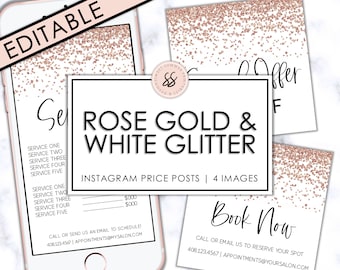 Rose Gold and White Editable Salon Instagram Price List, Spa Instagram Post Price List, Editable Price List, Rose Gold Branding Template