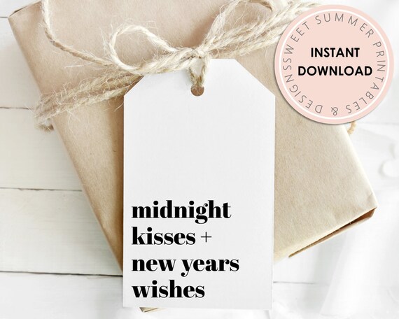 Midnight Kisses New Year Tag Printable, New Year Tag, New Years Treat, Champagne Tag, Christmas Gift Tag Printable, New Years Eve Treat