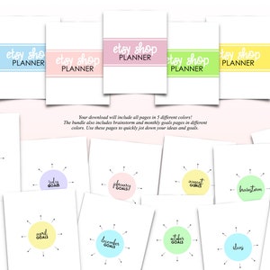 May include: A set of printable planner pages for Etsy shop owners. The pages are designed with a colorful sunburst pattern and include space for brainstorming and monthly goals. The text "Etsy Shop Planner" appears on the top of each page.
