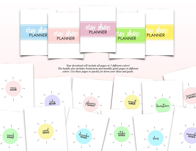 May include: A set of printable planner pages for Etsy shop owners. The pages are designed with a colorful sunburst pattern and include space for brainstorming and monthly goals. The text "Etsy Shop Planner" appears on the top of each page.