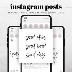 May include: A white phone screen mockup with the text "good skin good mood good day" written in black cursive. The phone screen is surrounded by a white background.