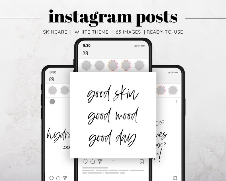 May include: A white phone screen mockup with the text "good skin good mood good day" written in black cursive. The phone screen is surrounded by a white background.