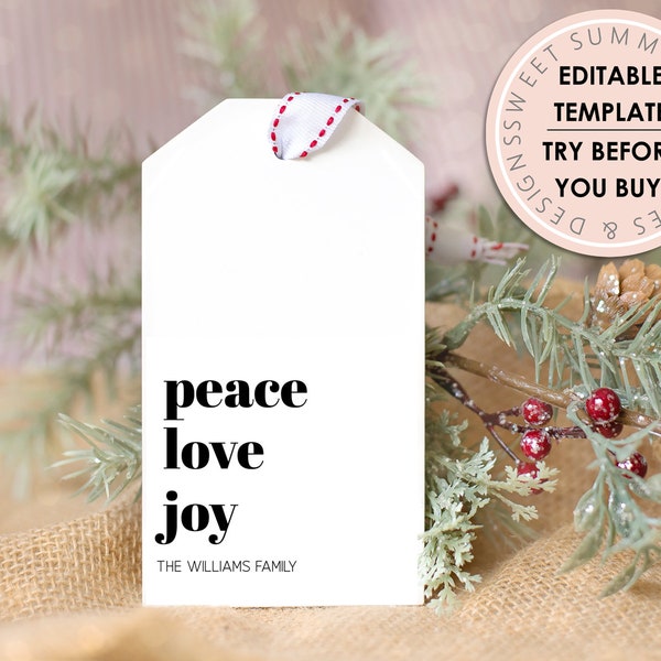 Minimalist Peace Love Joy Gift Tag Printable, Editable Christmas Gift Tag, Holiday Tag, Christmas Gift Tag Editable, Modern Christmas