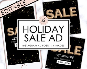 Gold Stars Black Friday Bearbeitbare Instagram-Anzeige, bearbeitbare Verkaufsanzeige, Feiertagsanzeige, Instagram-Anzeigenvorlage, Social Media-Anzeigenvorlage