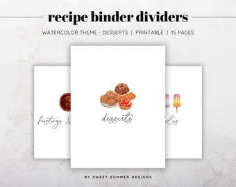 Printable Watercolor Dessert Recipe Binder Dividers | 15 Category Set | Baking Organizer Tabs | Kitchen Binder Inserts | Instant Download