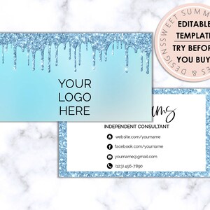 Blue Glitter Drip Editable Business Card, Printable Makeup Business Card, Salon Business Card, Printable Jewelry Business Card