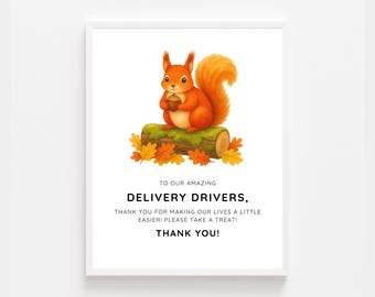 Squirrel Fall Delivery Driver Drinks Snack Sign Printable | Thank You Delivery Drivers Sign | Porch Snack Station Sign