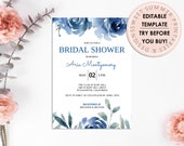 Bridal Shower Blue Floral Invitation Printable Template, Bridal Shower Editable Template, Bridal Shower Invitation Template, Blue Bridal