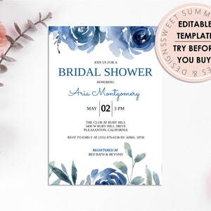 Bridal Shower Blue Floral Invitation Printable Template, Bridal Shower Editable Template, Bridal Shower Invitation Template, Blue Bridal