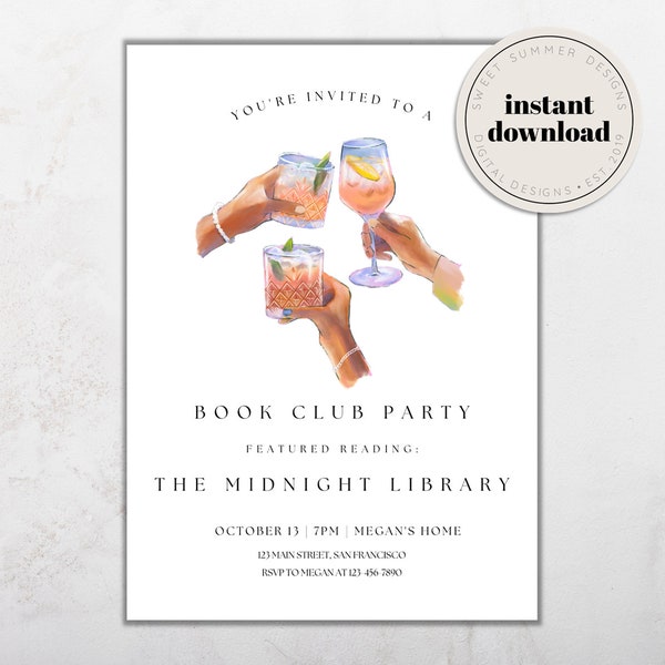 Cocktails Book Club Printable Invitation Template, Book Club Party Invitation, Book Party Invite, Club Printable, Reading Journal