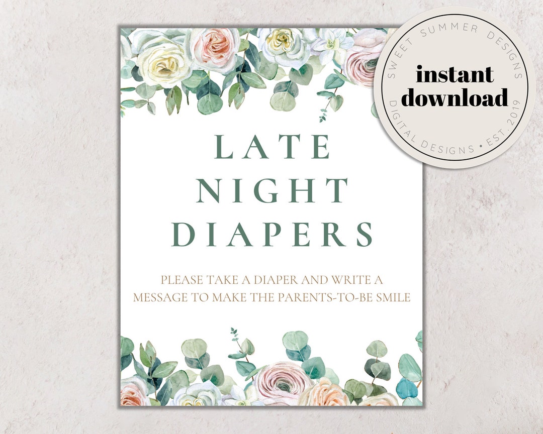 Eucalyptus Floral Baby Shower Late Night Diapers Sign Printable ...