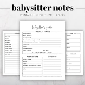 Babysitter's Information Printable, Babysitter Log Printable, Babysitter Notes, Nanny Log Printable, Nanny Notes, Emergency Contact