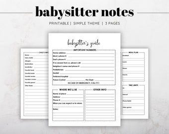 Babysitter's Information Printable, Babysitter Log Printable, Babysitter Notes, Nanny Log Printable, Nanny Notes, Emergency Contact