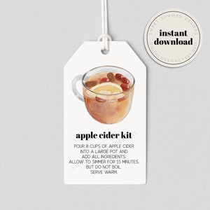 May include: Printable gift tag with a watercolor illustration of a mug of apple cider with cinnamon sticks, lemon, and cranberries. The text reads "apple cider kit" and includes instructions for making apple cider.