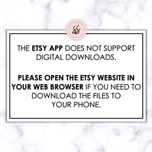 K&ouml;nnte beinhalten: Ein wei&szlig;er Textkasten mit schwarzem Rand auf einem Marmorhintergrund. Der Text lautet: "Die Etsy-App unterst&uuml;tzt keine digitalen Downloads. Bitte &ouml;ffne die Etsy-Website in deinem Webbrowser, wenn du die Dateien auf dein Telefon herunterladen musst."