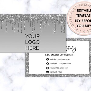 Silver Glitter Drip Editable Business Card, Printable Makeup Business Card, Salon Business Card, Printable Jewelry Business Card