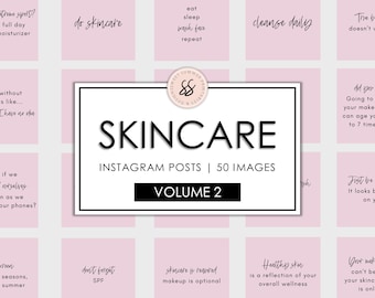 May include: A pink and white graphic with the text "SKINCARE" in black, "INSTAGRAM POSTS | 50 IMAGES" in black, and "VOLUME 2" in black. The graphic is surrounded by smaller pink squares with text about skincare tips.