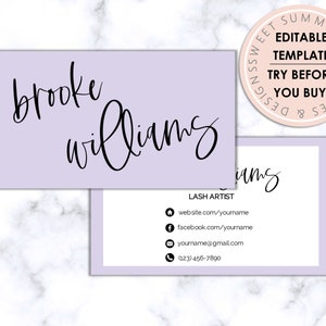 Minimalist Lavender Border Editable Business Card, Printable Makeup Business Card, Salon Business Card, Printable Jewelry Business Card