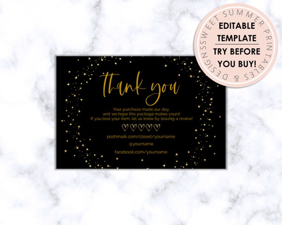 Reseller Black Gold Star Printable Thank You Card Reseller | Etsy