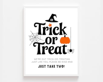 Trick or Treat Sign Printable | We’re Out Trick or Treating Sign | Halloween Porch Sign | Instant Download