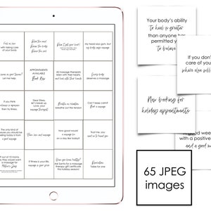 May include: A digital tablet displaying a grid of 16 white squares with black text. Each square contains a motivational quote about massage therapy. The text on the tablet reads "65 JPEG images".