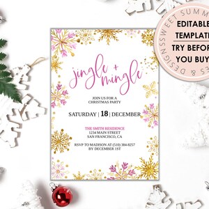 Jingle & Mingle Rosa Schneeflocken druckbare Partyeinladung, Weihnachtseinladung, Happy Hour einladen, Weihnachtsparty einladen, Ladies Night Party