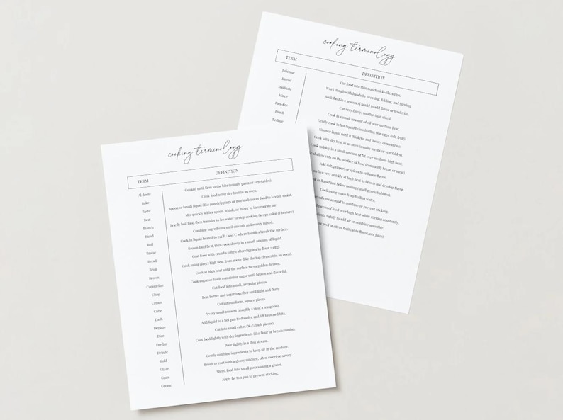 May include: Two white sheets of paper with the title "cooking terminology" in a handwritten font. The left sheet lists terms with definitions. The right sheet has the same title and definitions. The background is a light beige.