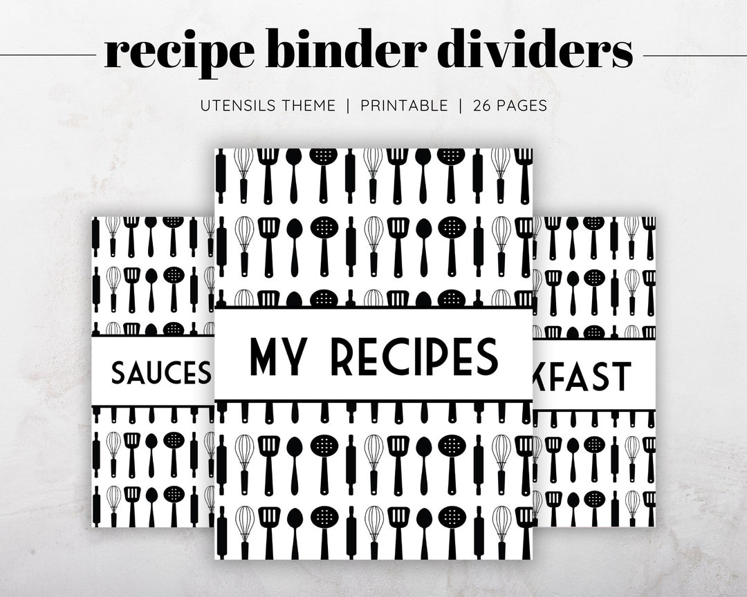 Recipe Binder Dividers Printable, Black and White Recipe Book Dividers