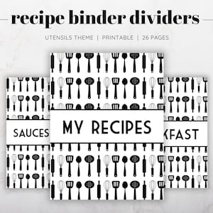 Recipe Binder Dividers Printable, Black and White Recipe Book Dividers Printable, Utensils Recipe Binder Theme, Printable Binder Dividers