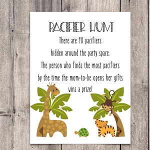 Safari Baby Shower Pacifier Hunt Game Sign Printable, Jungle Baby Shower Pacifier Hunt, Shower Pacifier Hunt Game, Baby Shower Printable