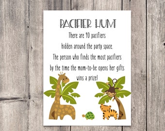 Safari Baby Shower Pacifier Hunt Game Sign Printable, Jungle Baby Shower Pacifier Hunt, Shower Pacifier Hunt Game, Baby Shower Printable