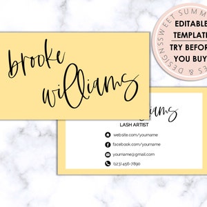 Minimalist Yellow Border Editable Business Card, Printable Makeup Business Card, Salon Business Card, Printable Jewelry Business Card
