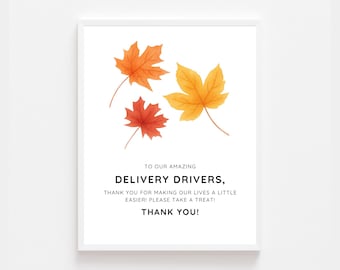 Watercolor Fall Leaves Delivery Driver Drinks Snack Sign Printable | Thank You Delivery Drivers Sign | Porch Snack Station Sign