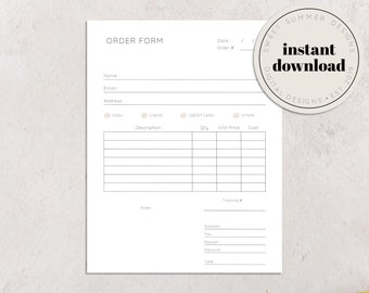 May include: A printable order form with sections for customer information, order details, payment method, and a total amount. The form has a simple design with a white background and black text.