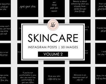 May include: Black and white graphic design with the text "SKINCARE" in bold, white letters. Below the text is "INSTAGRAM POSTS | 50 IMAGES" and "VOLUME 2". The design is surrounded by a grid of 16 smaller black and white squares, each containing a different quote about skincare.